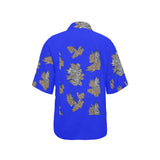 Women's royal blue animal print short-sleeve Hawaiian shirt with notch collar — product detail