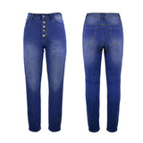 Women's high-waist blue jeans with button-front closure and four pockets — side view