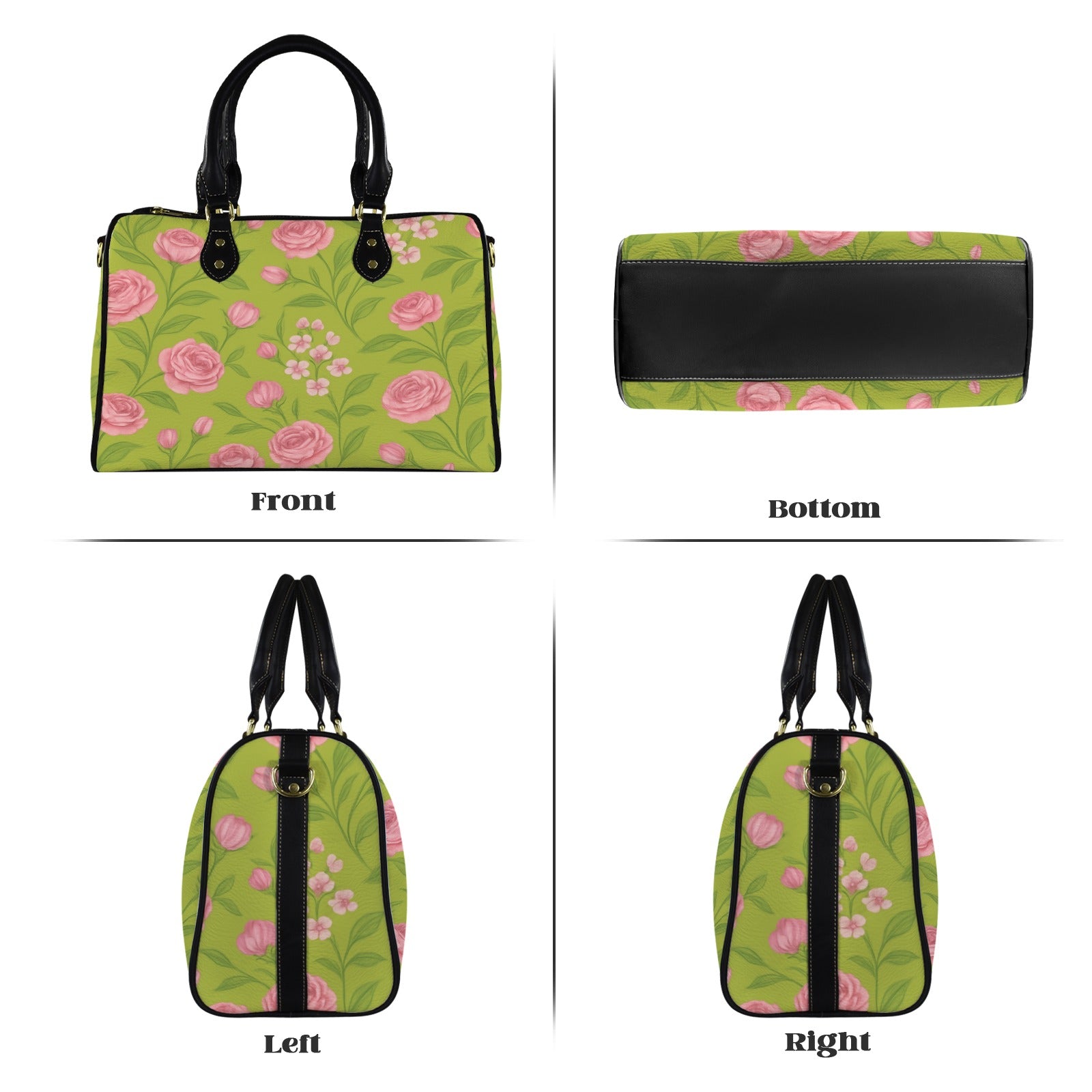 Pink floral PU leather Boston handbag with rose gold watch and wooden love-shape pendant earrings — additional view 8