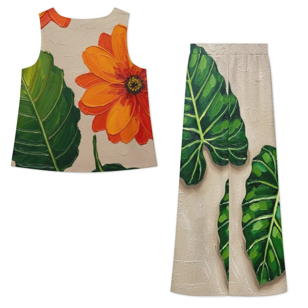 Rich and Rich Orange Floral Chiffon Pants Set featuring sleeveless top and wide-leg pants