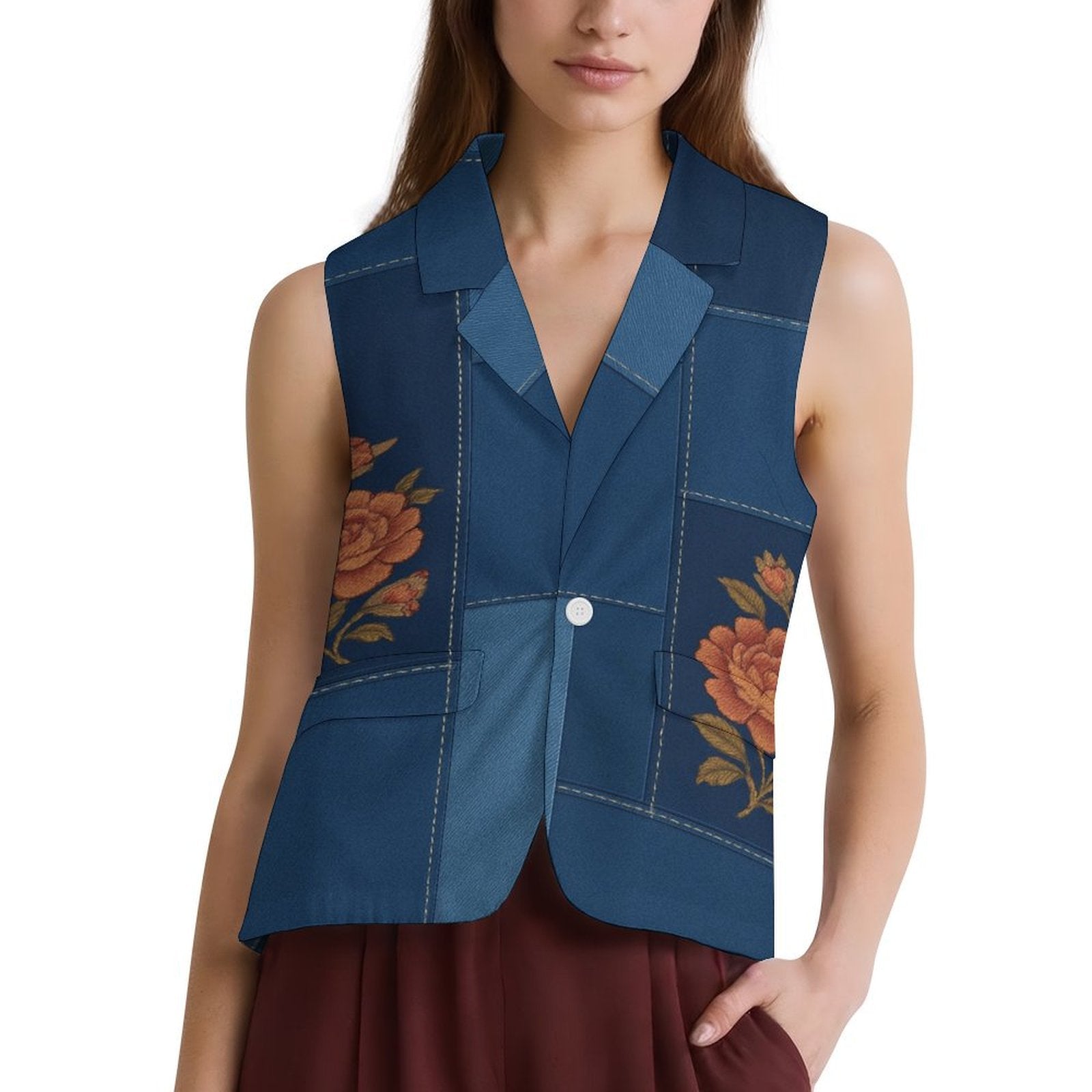Blue floral geometric women's sleeveless blazer with turn-down collar and single-button closure — alternate view