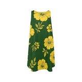 Sleeveless A-line dress with green and yellow floral print and side pockets — rear view