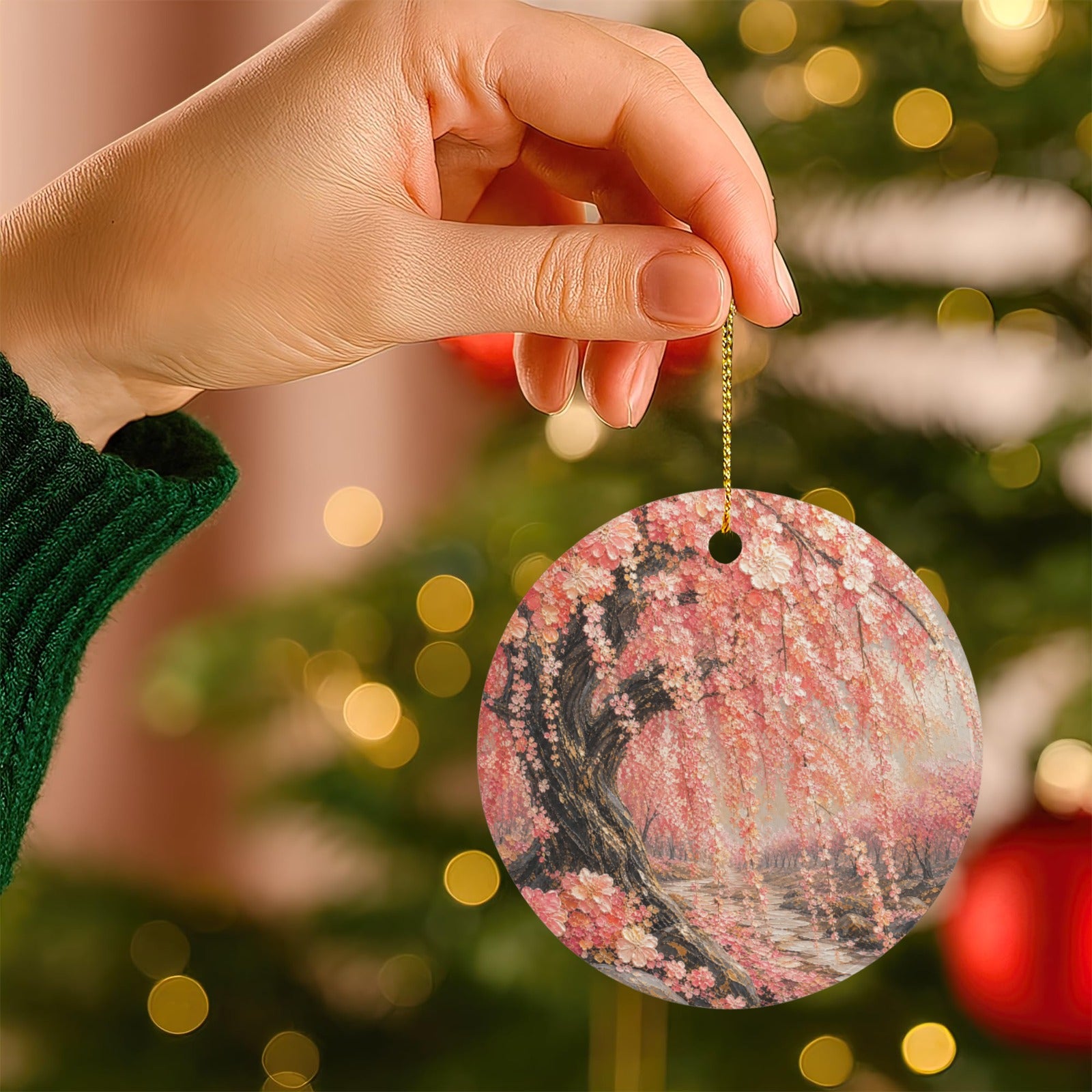 Japanese Pinkish Red Cherry Blossom Painting Ceramic Round Ceramic Ornament