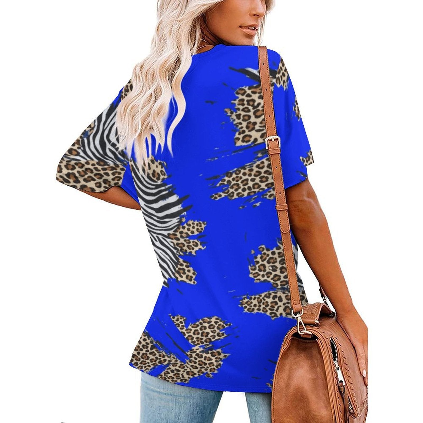 Rich and Rich Royal Blue Animal Print Women's Short-Sleeve V-Neck T-Shirt