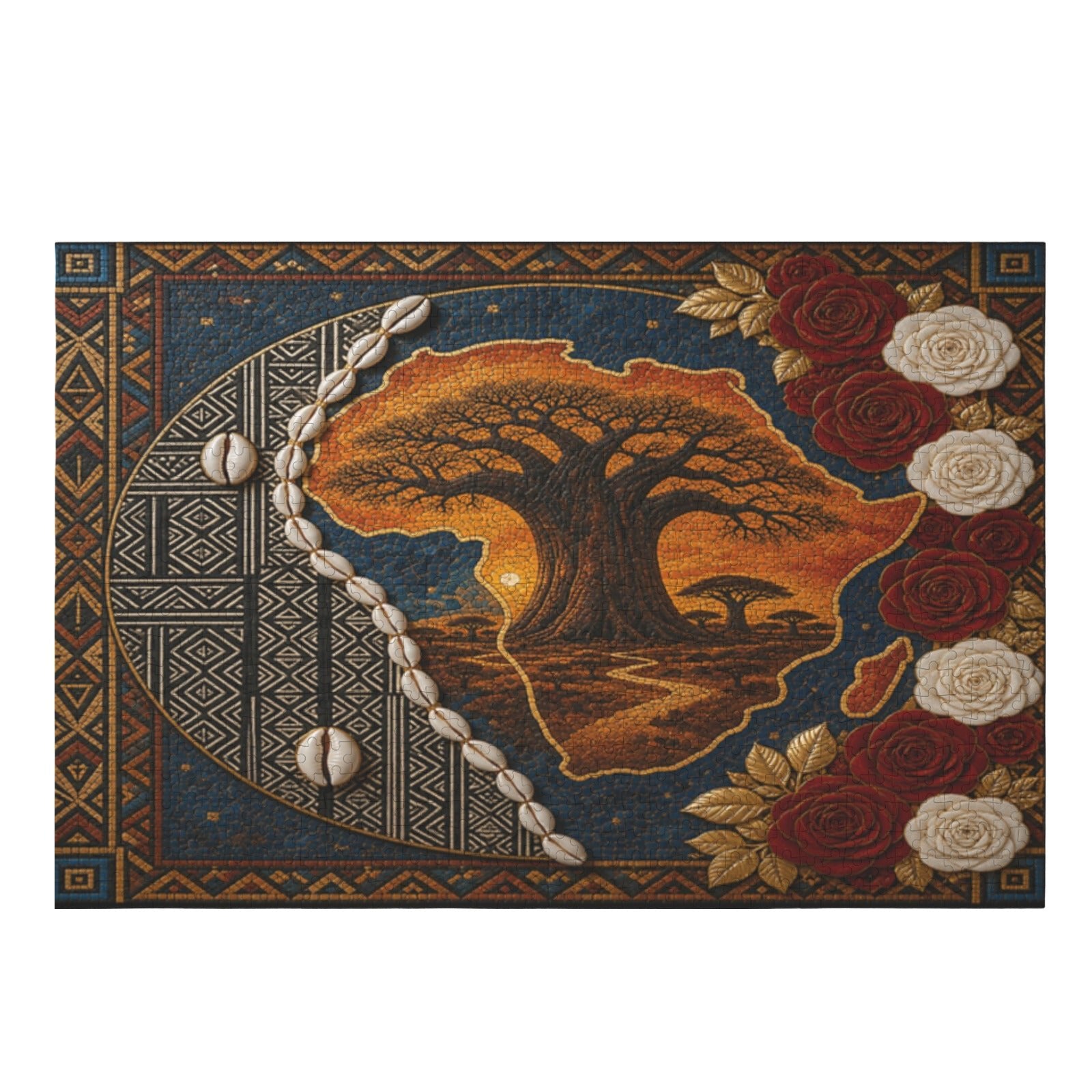 Horizontal wooden jigsaw puzzle depicting a mosaic sunset over Africa with roses, 1000 pieces — alternate view