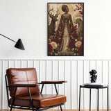 Black-framed canvas print of a Regal Queen portrait, 24 by 36 inches — rear view