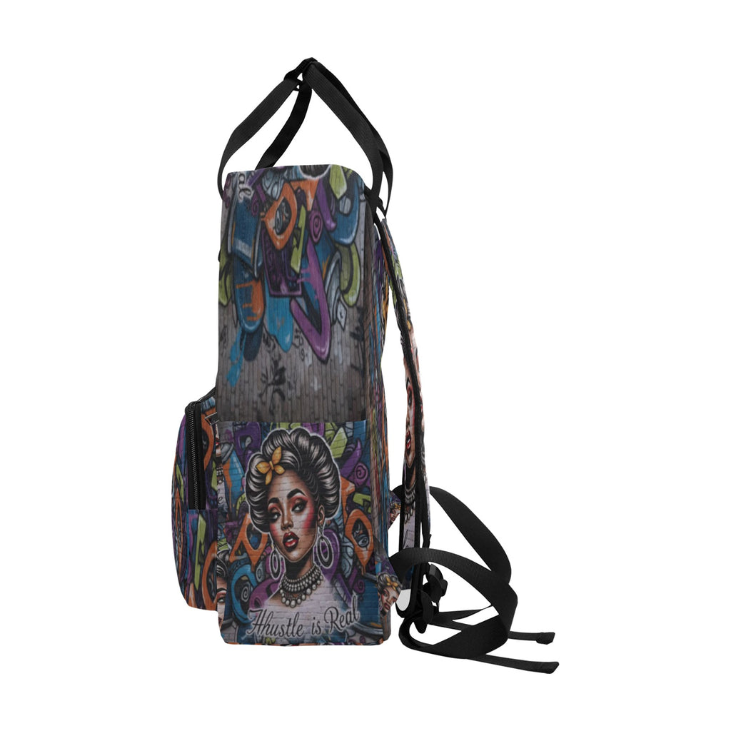 Rich and Rich The Hustle Is Real graffiti twin handle backpack in black with colorful street art design