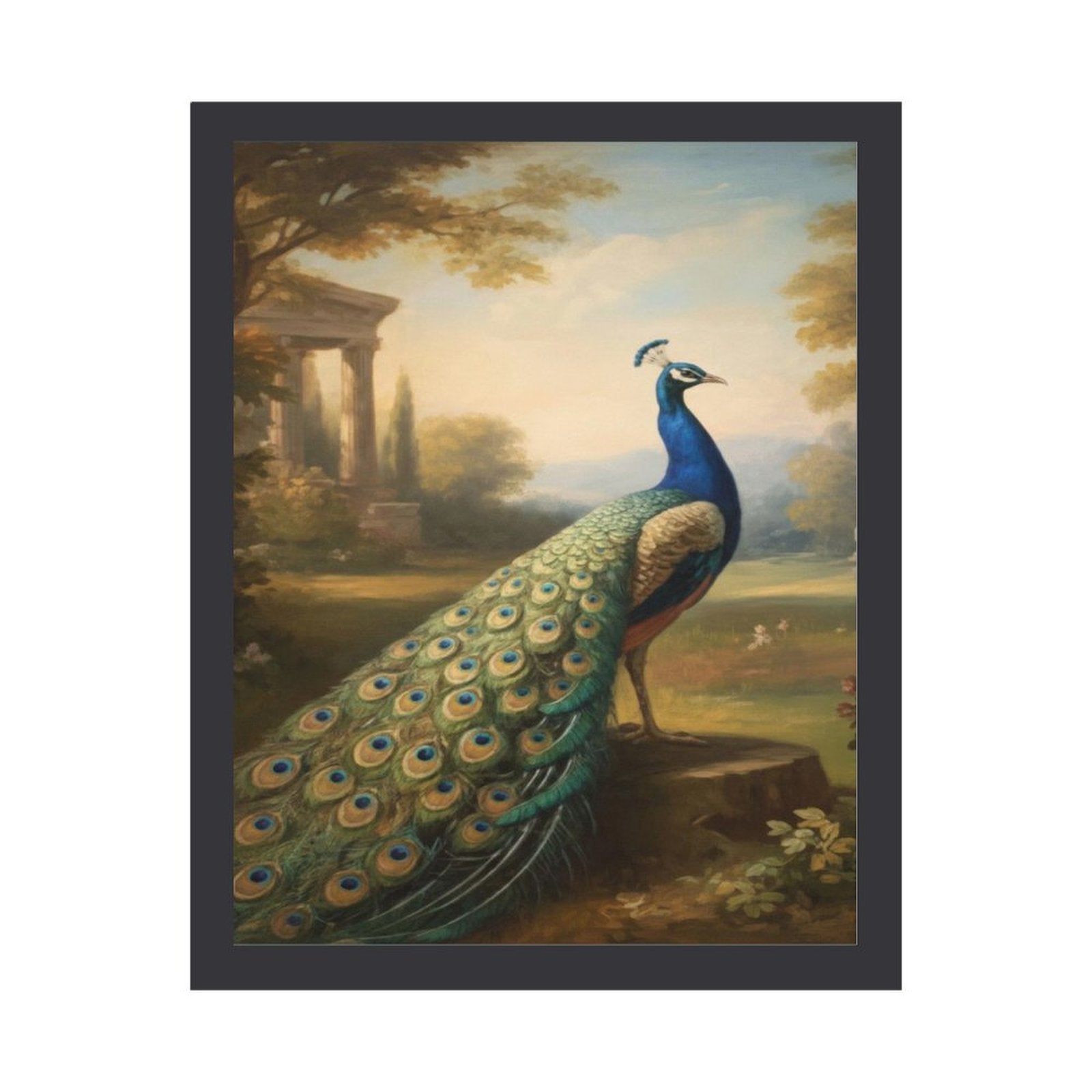 Peacock wooden framed painting 30x40cm with PVC front cover and canvas fabric lining — alternate view