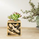 Rich and Rich White Crane Beneath a Golden Moon Mini Wooden Flower Pot