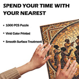 1000-piece wooden mosaic puzzle of figures dancing under firelight, warm tones — rear view