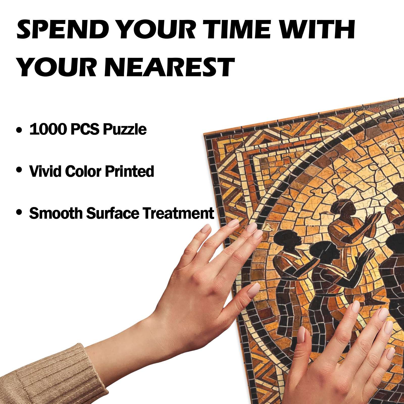 1000-piece wooden mosaic puzzle of figures dancing under firelight, warm tones — rear view