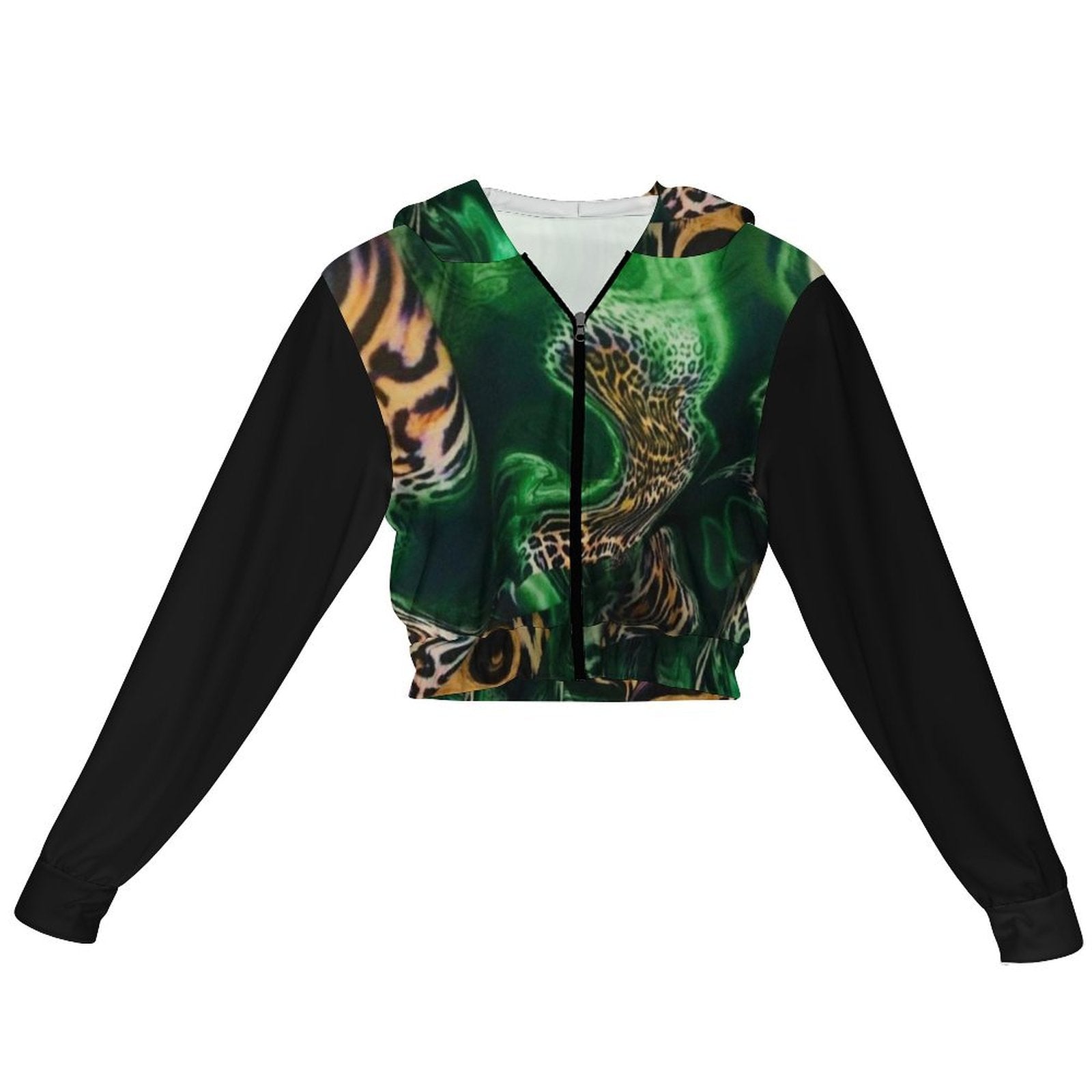 Cropped green safari women's zipper jacket with adjustable drawstrings and all-over print
