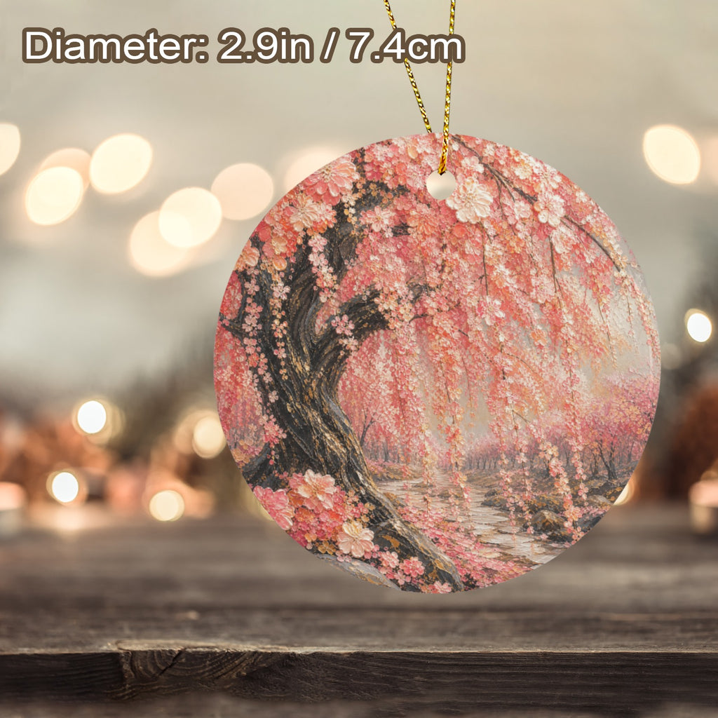 Japanese Pinkish Red Cherry Blossom Painting Ceramic Round Ceramic Ornament
