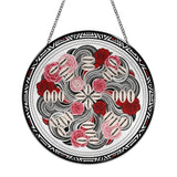 Rose floral glass suncatcher with tribal-inspired artwork and included metal hanging chain — rear view