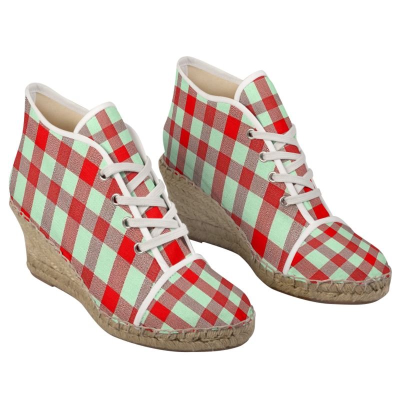 Red and mint green checkered wedge espadrilles with jute platform and non-slip rubber sole — additional view 8