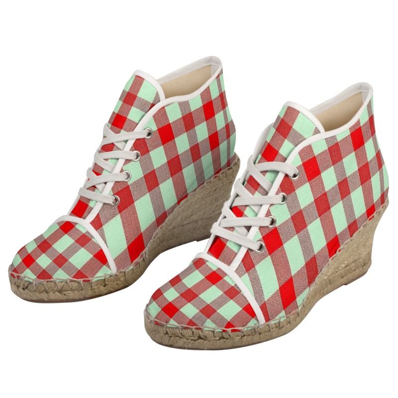 Red and mint green checkered wedge espadrilles with jute platform and non-slip rubber sole — additional view 9