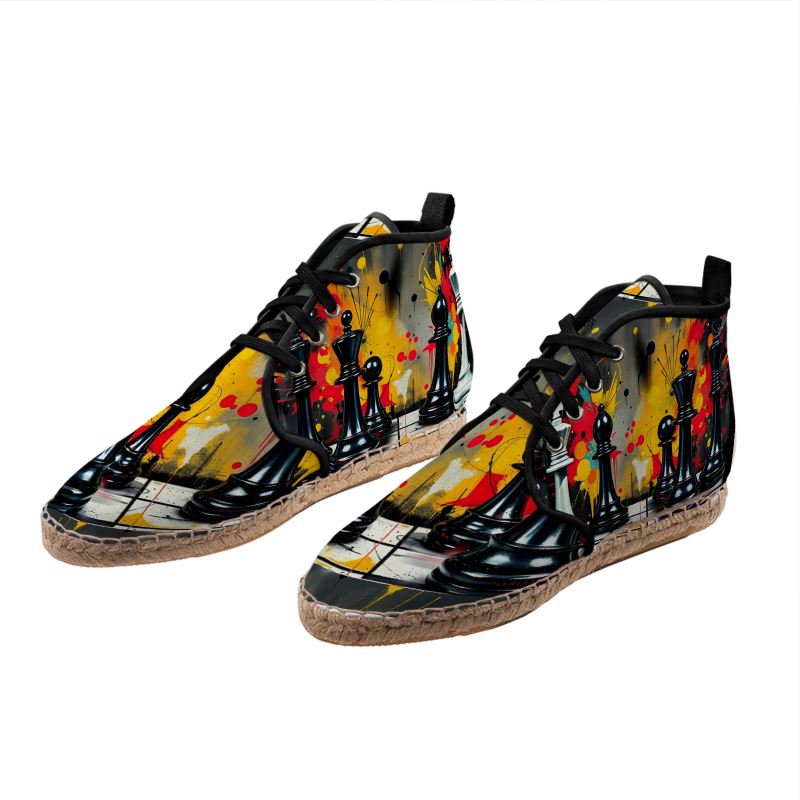 Rich and Rich Men’s Chess Black Hi Top Espadrilles | Designer Lace-Up Canvas Ankle Shoes