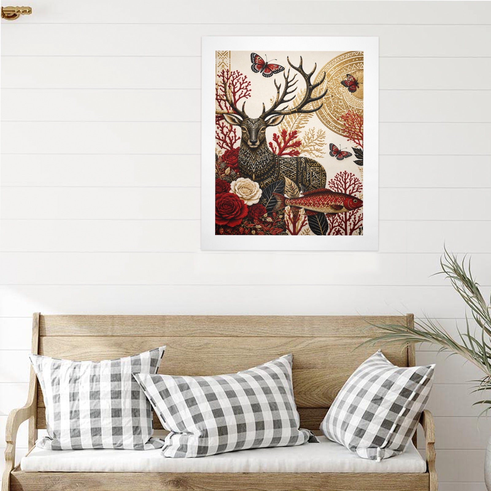 Three-panel Tribal Elegance canvas art set featuring geometric tribal patterns, each panel 16 by 20 inches — rear view