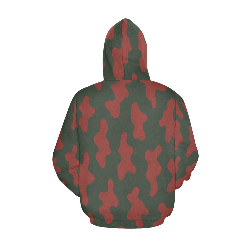 Rich and Rich Men's Red Camo Hoodie front view with kangaroo pocket and red camouflage print