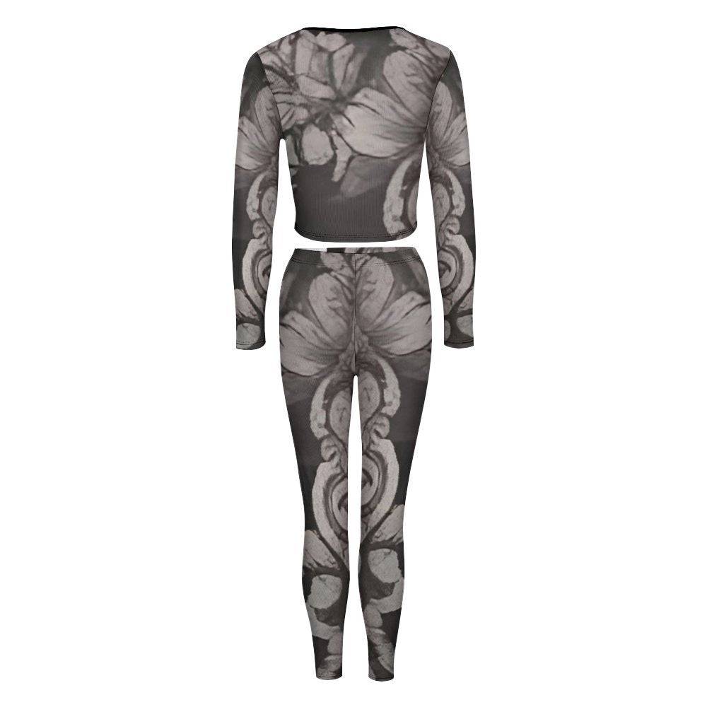 Women's grey long sleeve yoga sweatsuit set with graphic design and stretch fabric — product detail