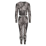 Women's grey long sleeve yoga sweatsuit set with graphic design and stretch fabric — product detail