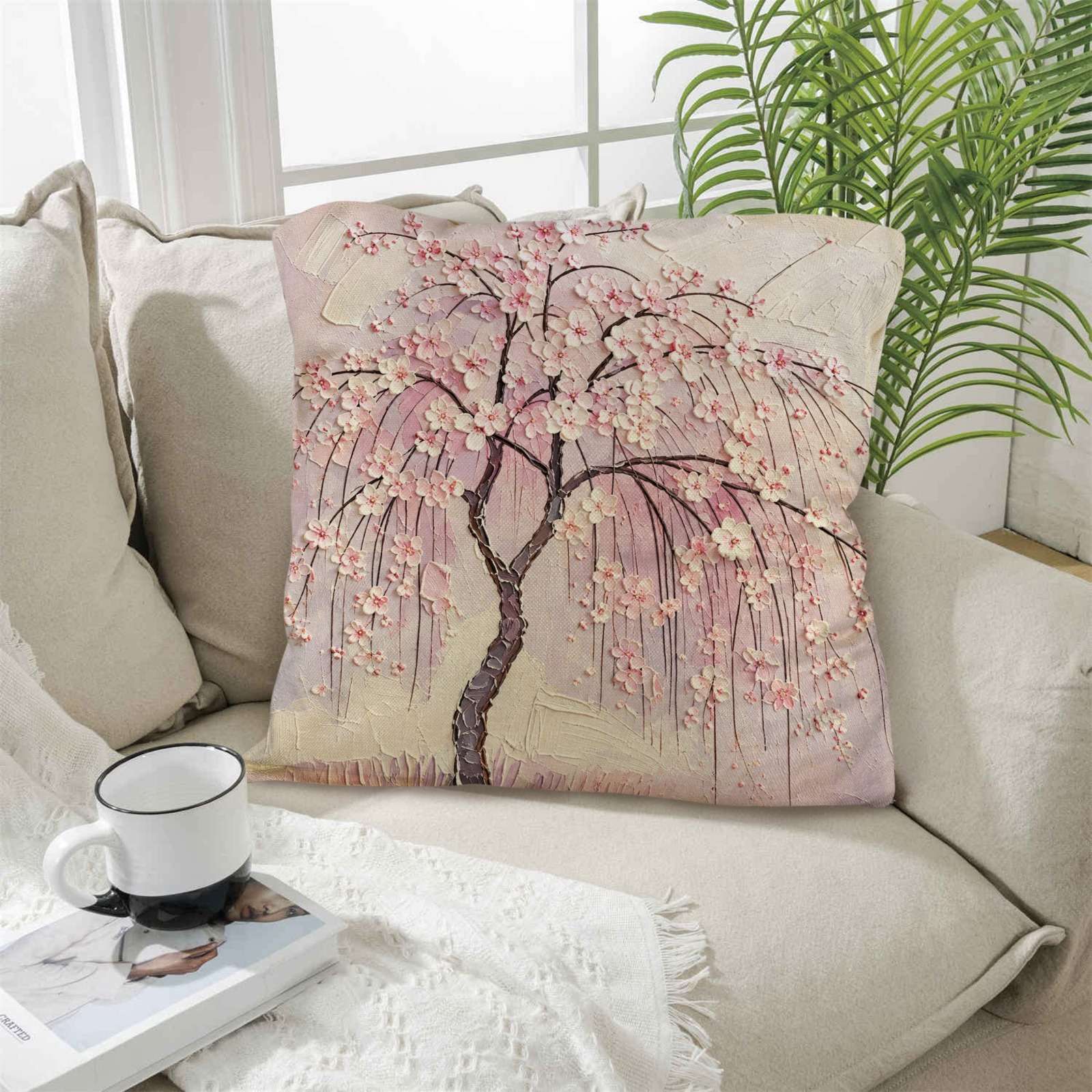 Square 18x18 faux-linen pillow with pink cherry blossom tree artwork and included core — additional view 6
