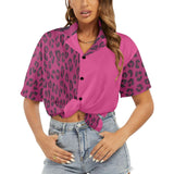 Magenta animal-print women's Hawaiian shirt with notch lapel and short sleeves — alternate view
