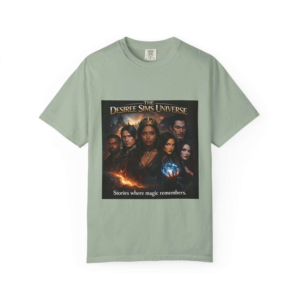 Desiree Sims Universe Fantasy Series Cast Poster T-shirt with cinematic magic print on garment-dyed fabric