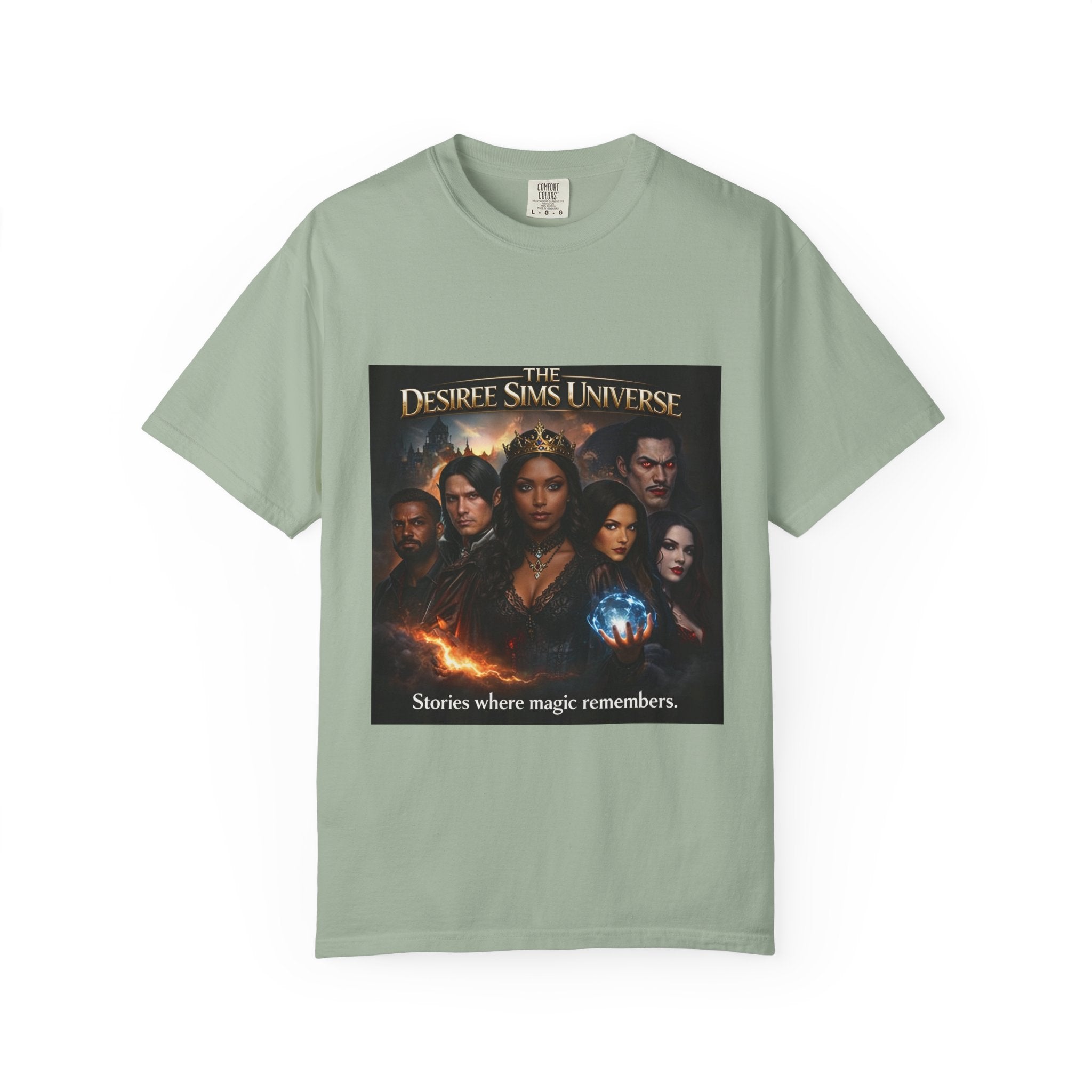 Desiree Sims Universe Fantasy Series Cast Poster T-shirt with cinematic magic print on garment-dyed fabric