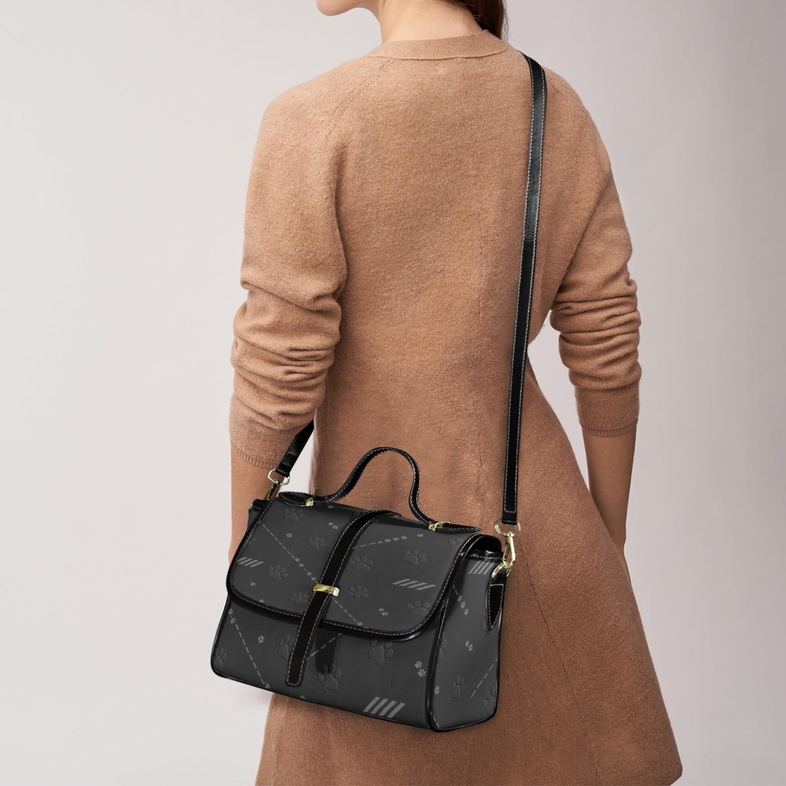 Women's black PU leather satchel with paw motif, top handle and adjustable shoulder strap — additional view 6