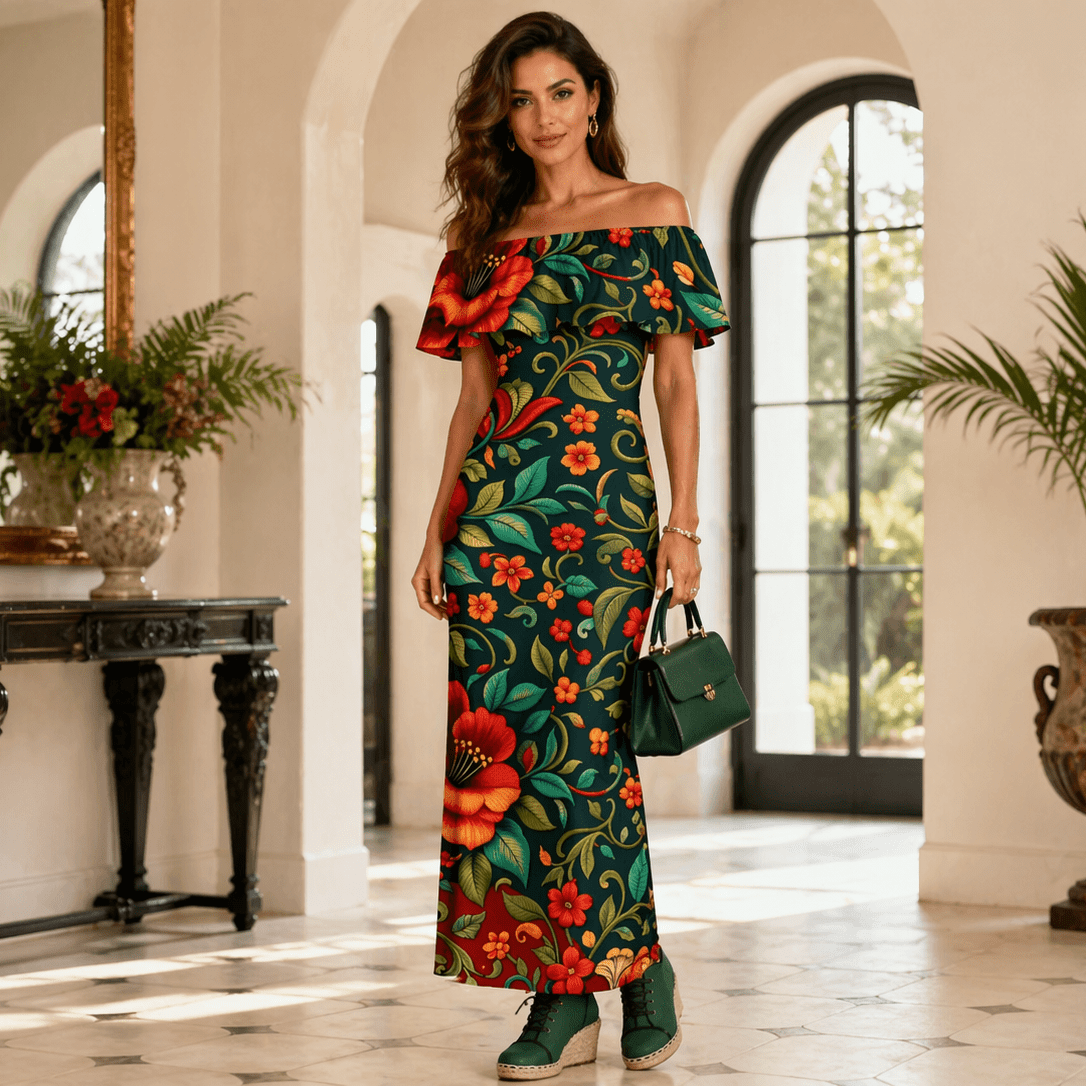 Women’s embroidered multicolor off-shoulder dress with ruffle boat neck and floral detailing