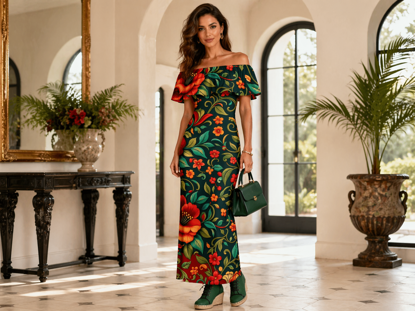 Rich and Rich Embroidered Floral Multicolor Women’s Off Shoulder Ruffle Boat Neck Dress
