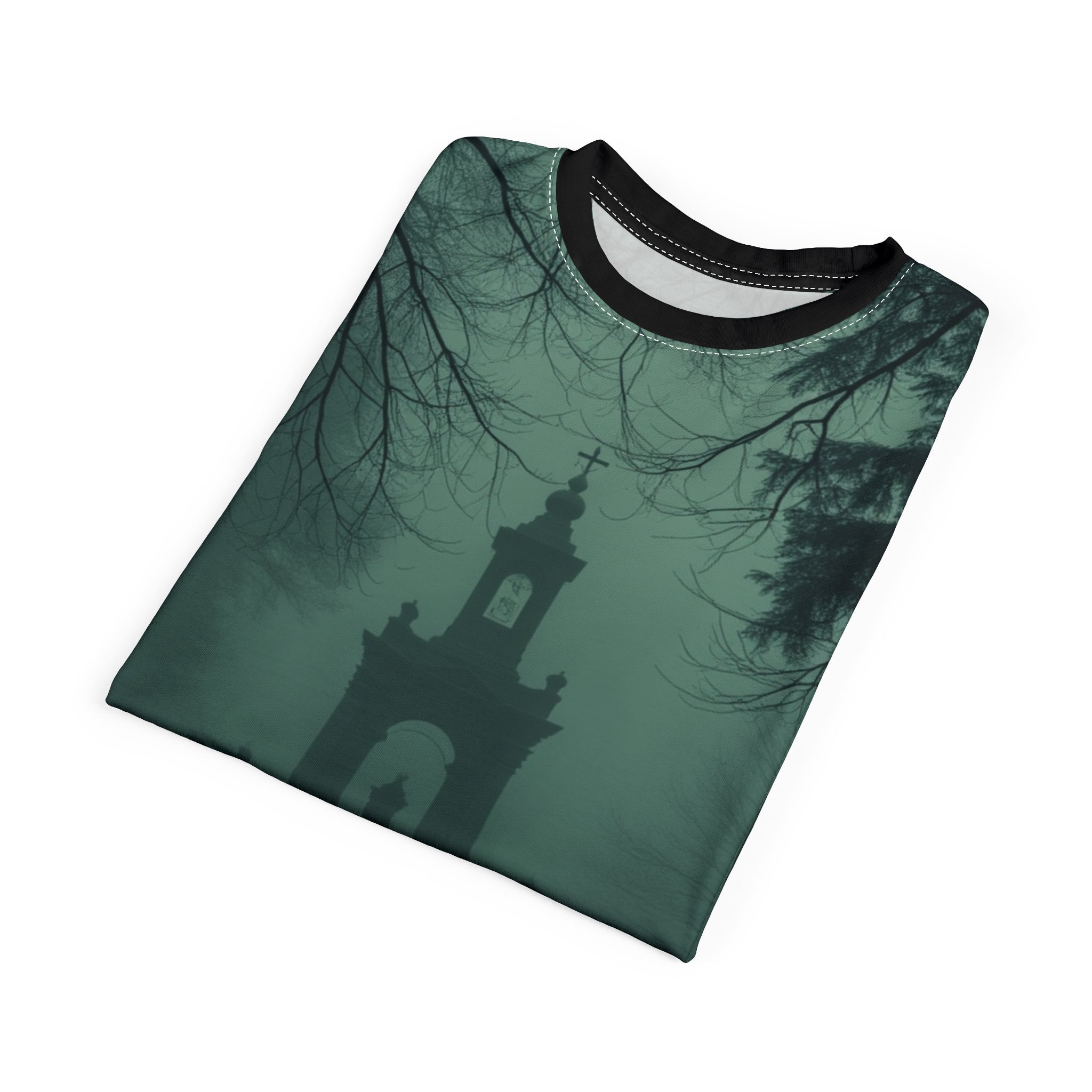 Eerie Cemetery Unisex Halloween T-shirt featuring spooky ghost and misty graveyard all-over print design