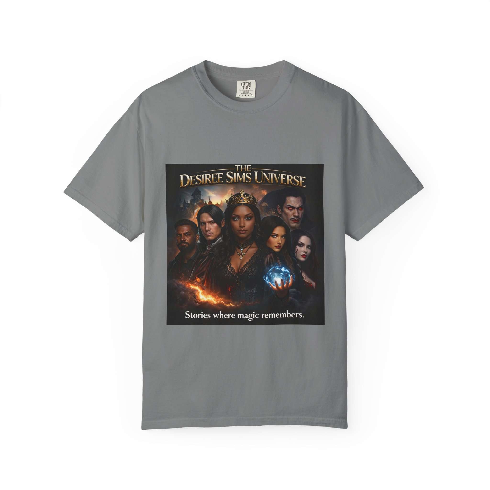 Garment-dyed heavyweight T-shirt with Desiree Sims Universe cast poster print and relaxed fit — rear view