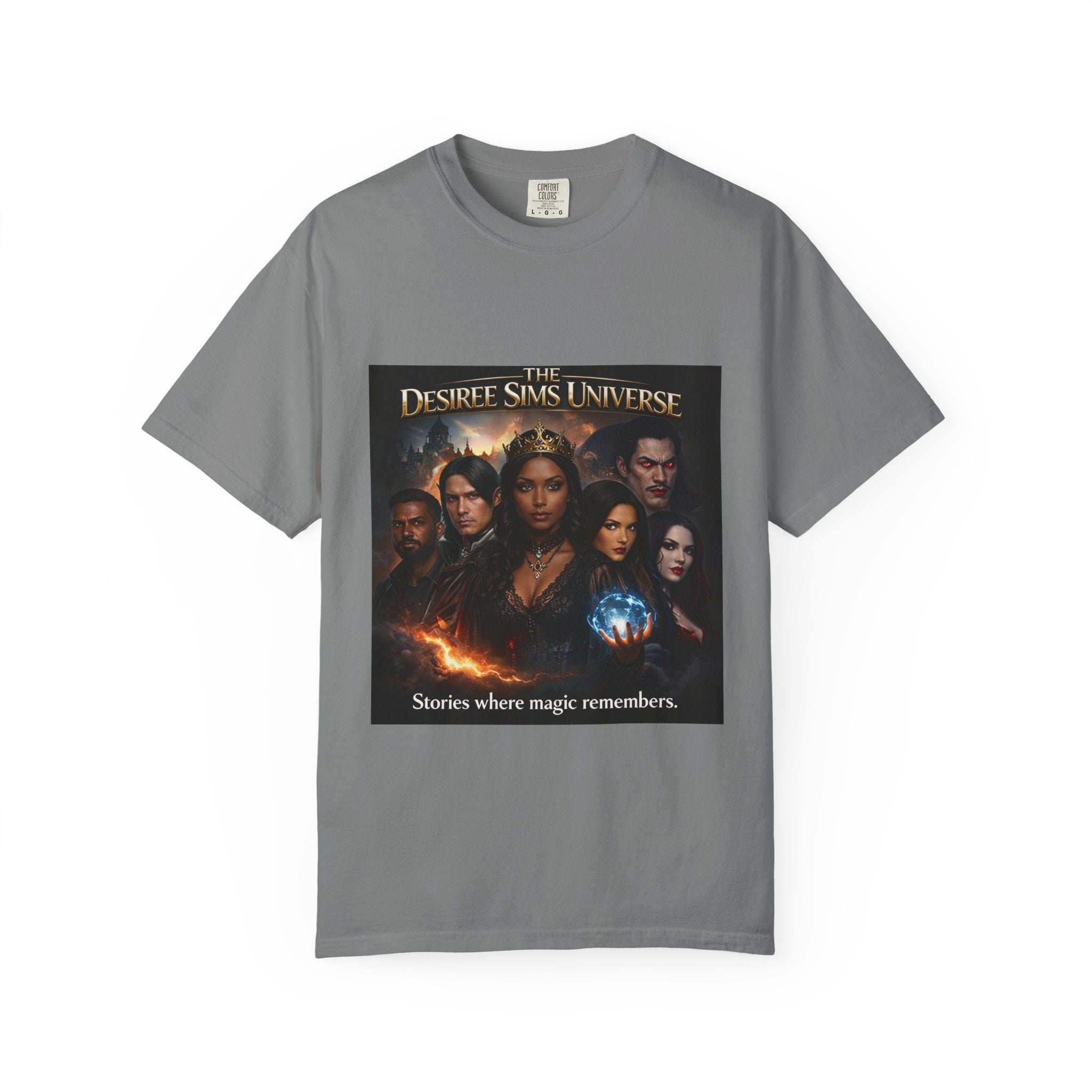 Desiree Sims Universe Fantasy Series Cast Poster T-shirt with cinematic magic print on garment-dyed fabric