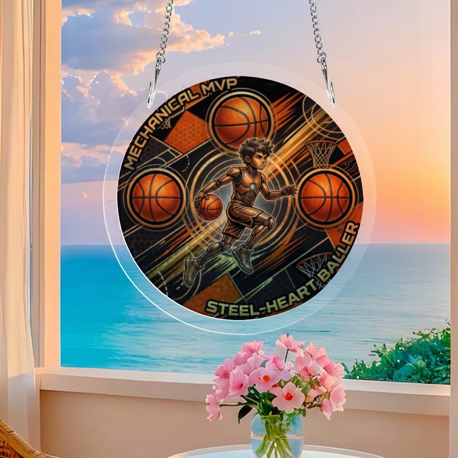 Round acrylic jigsaw ornament with Steel Heart Hoops basketball artwork and metal hanging chain — side view