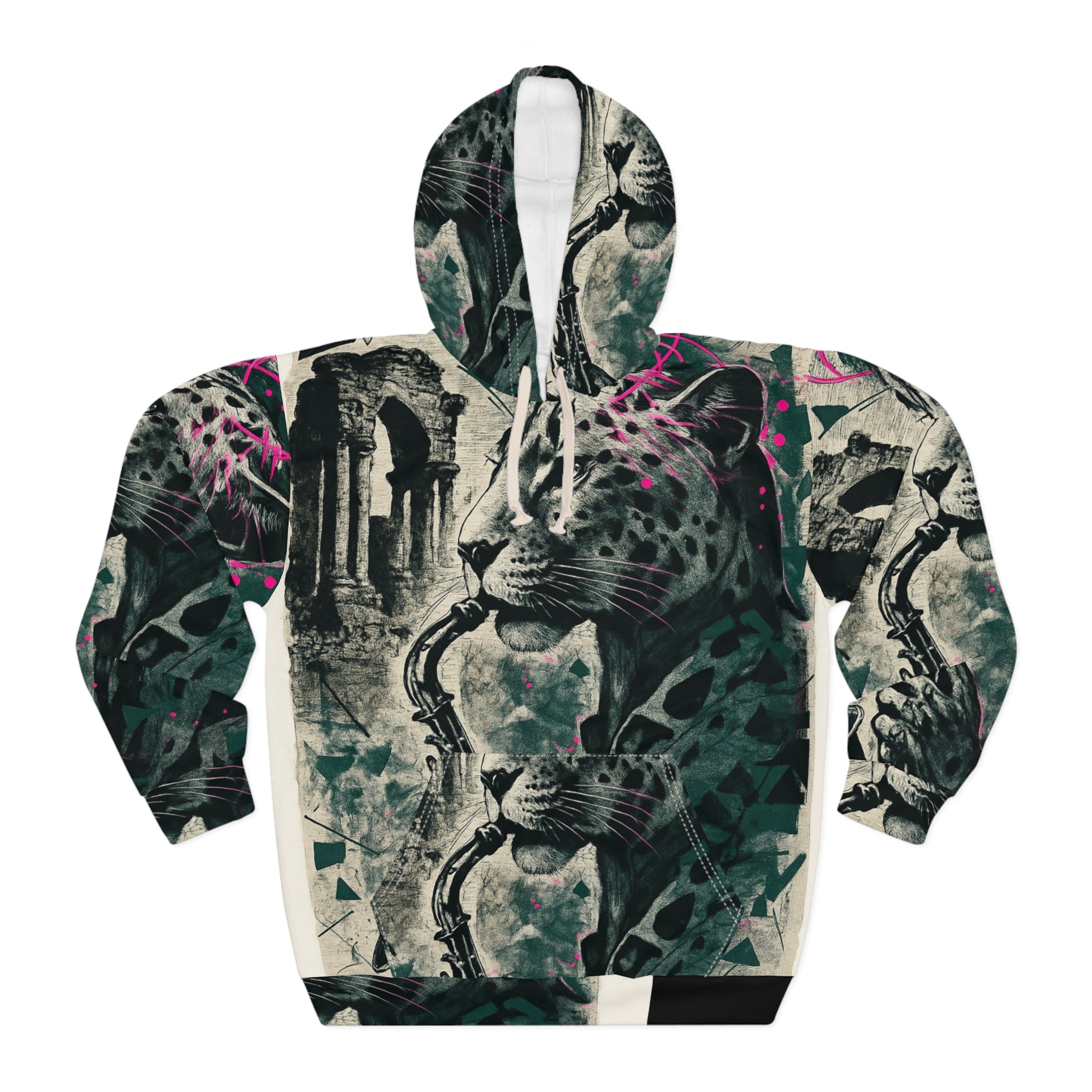 Rich and Rich Jazz-Inspired Unisex Pullover Hoodie with animal print and saxophone graphic