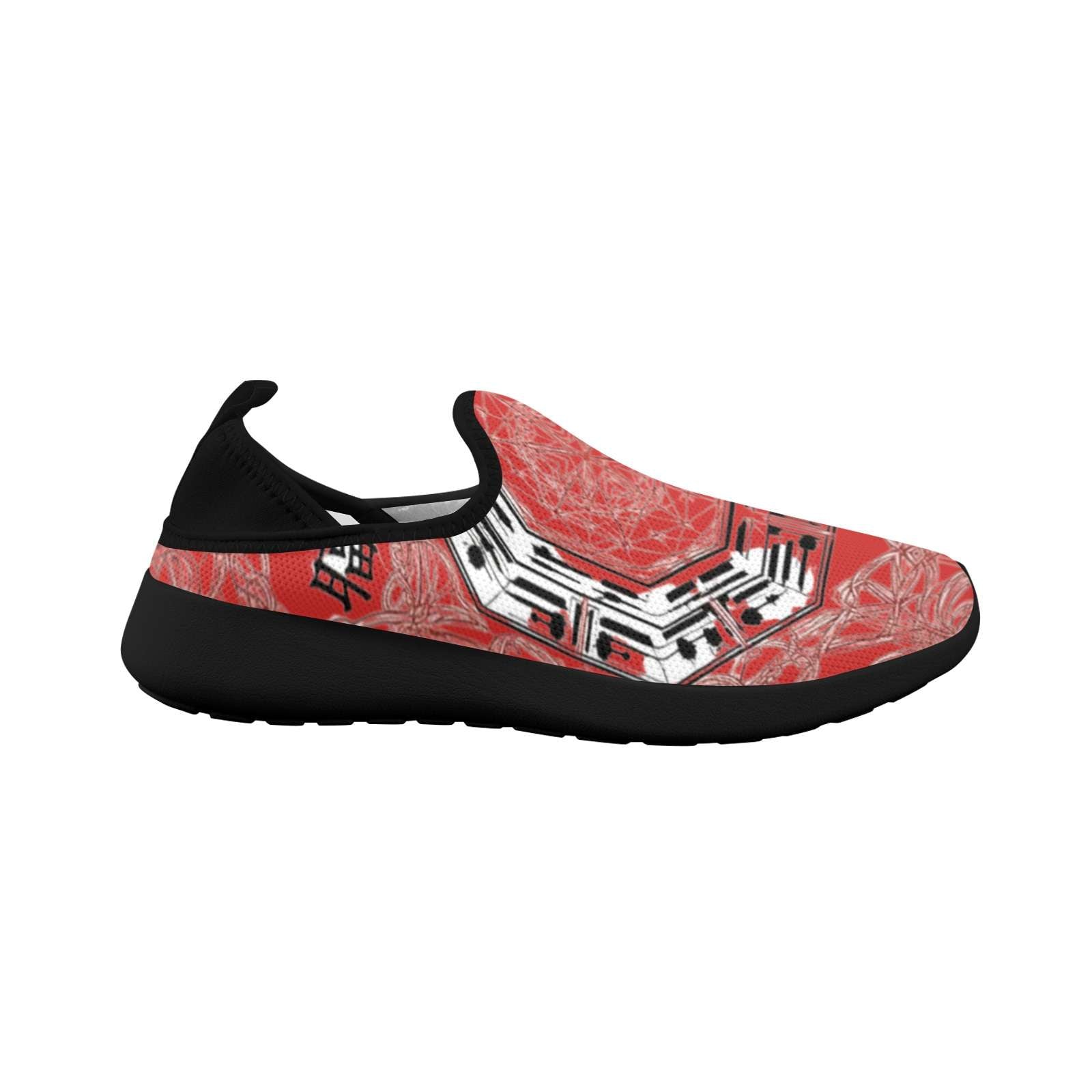 Red fly-weave slip-on women's sneakers with drop-in heel and EVA insole — side view