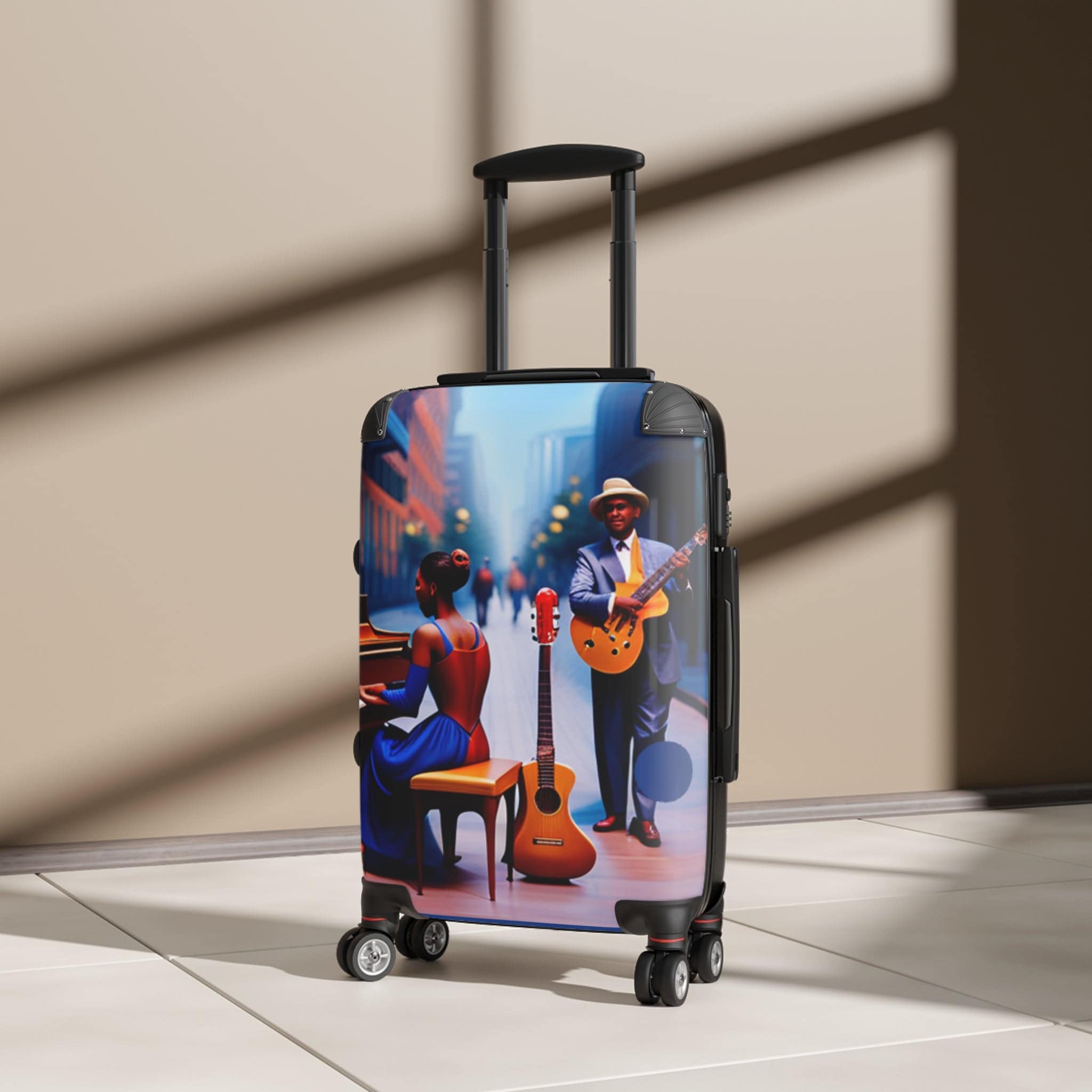 Rich and Rich Blue Caricature Jazz Suitcase with adjustable handle and 360-degree wheels