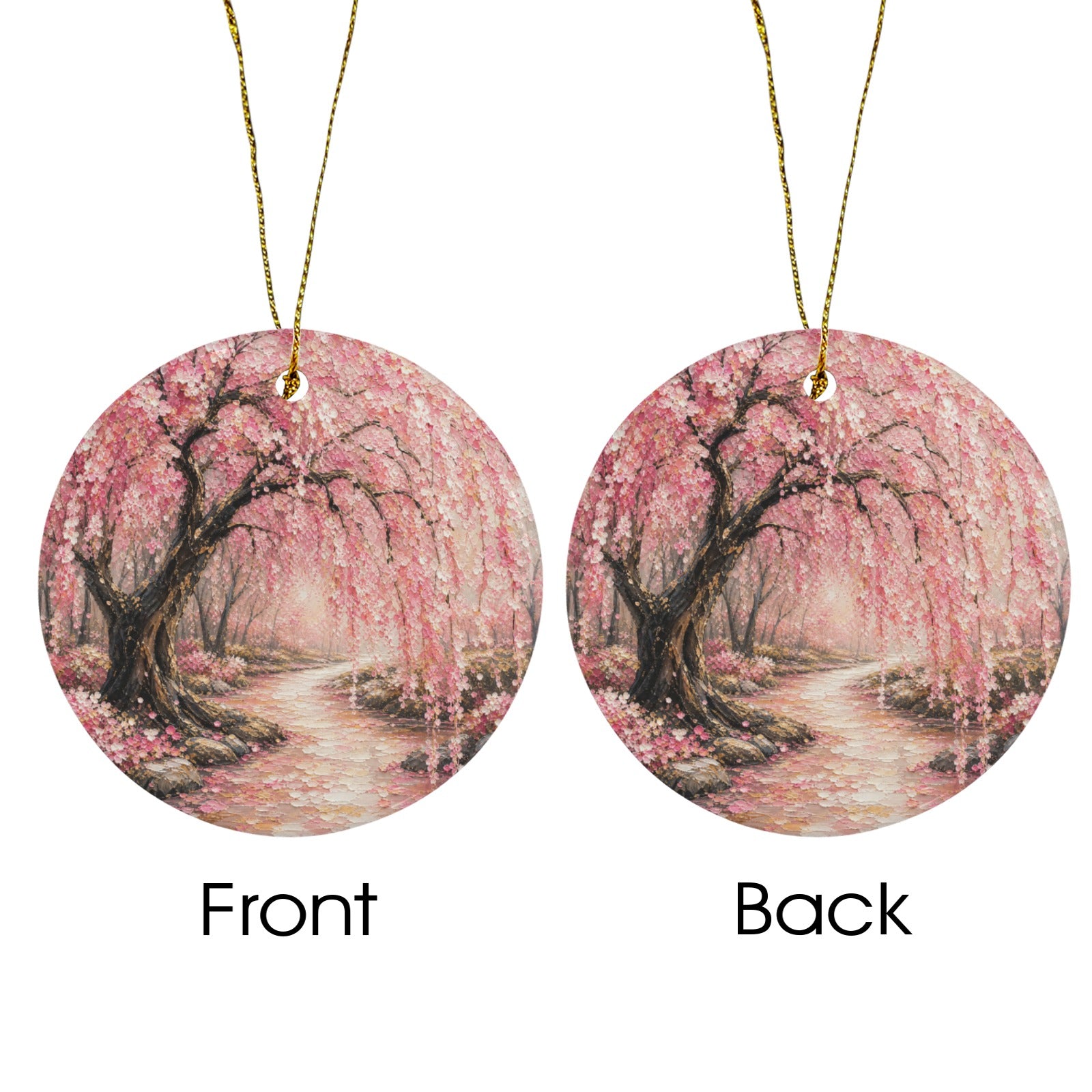 Japanese Pink Cherry Blossom Painting Round Ceramic Ornament (Two-Sided Same Print)