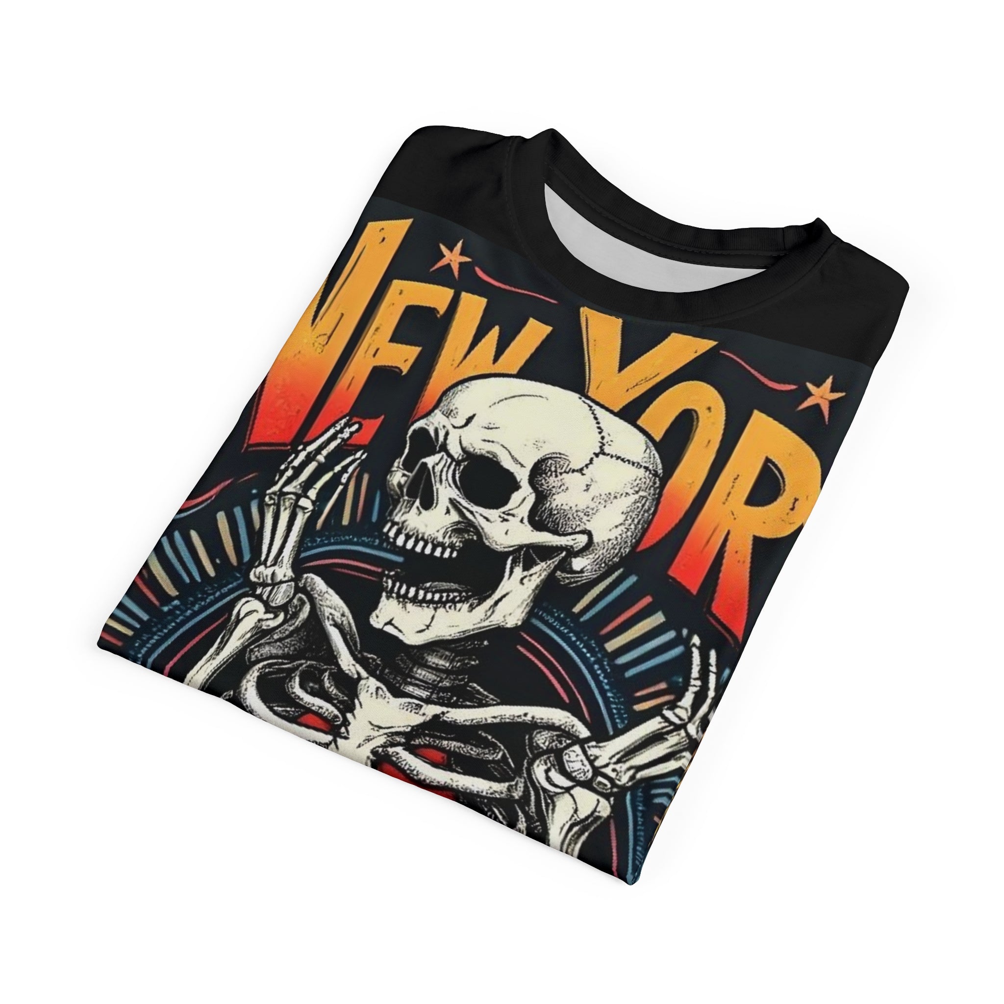 Unisex Gothic New York Skeleton T-Shirt with bold skull graphic on black background