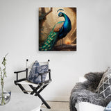 Vertical peacock canvas print in vivid colors, hand-framed 20×24 inches — side view