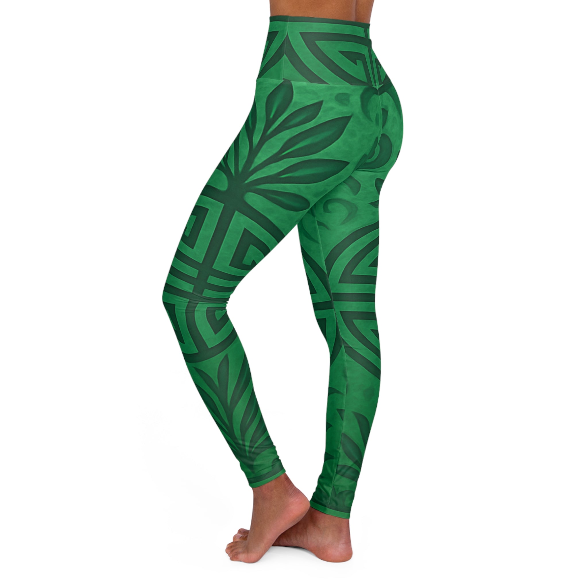 High-waisted emerald green yoga leggings with all-over Feng Shui print and smooth waistband — side view