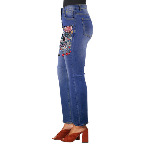 R&RH Women's High Waist Jeans with Embroidered Floral Front Design