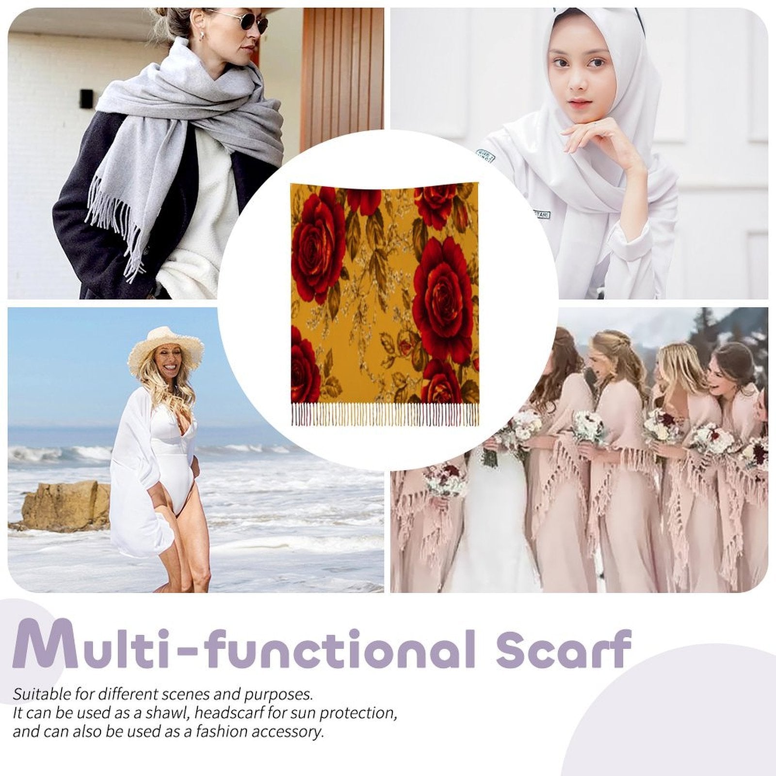 Mustard-hued scarf with golden roses and leaves print and tassel fringe — additional view 15