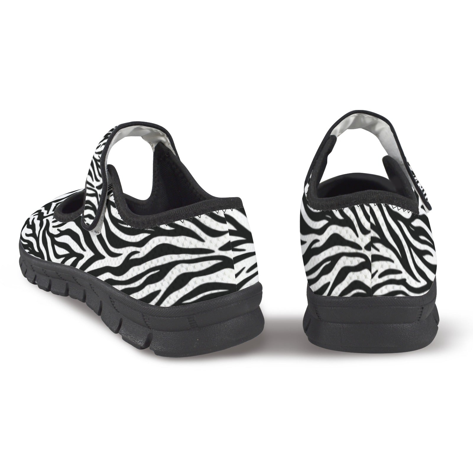 Women's Mary Jane shoes in black and white zebra pattern with Velcro strap and mesh upper — additional view 14