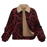 Burgundy fleece jacket with khaki sherpa lining, turn-down collar and chest flap pockets — alternate view
