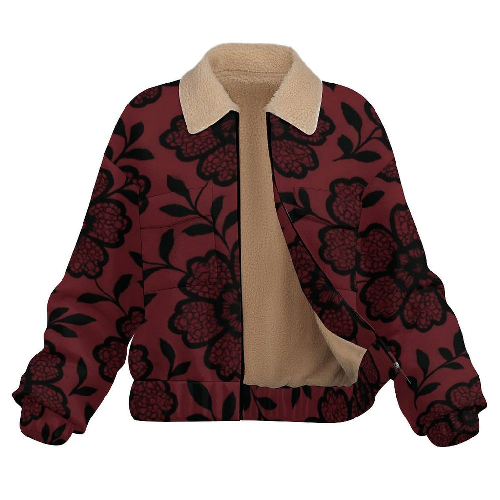Rich and Rich Burgundy Rose Women's Patch Pocket Fleece Jacket in burgundy with rose design