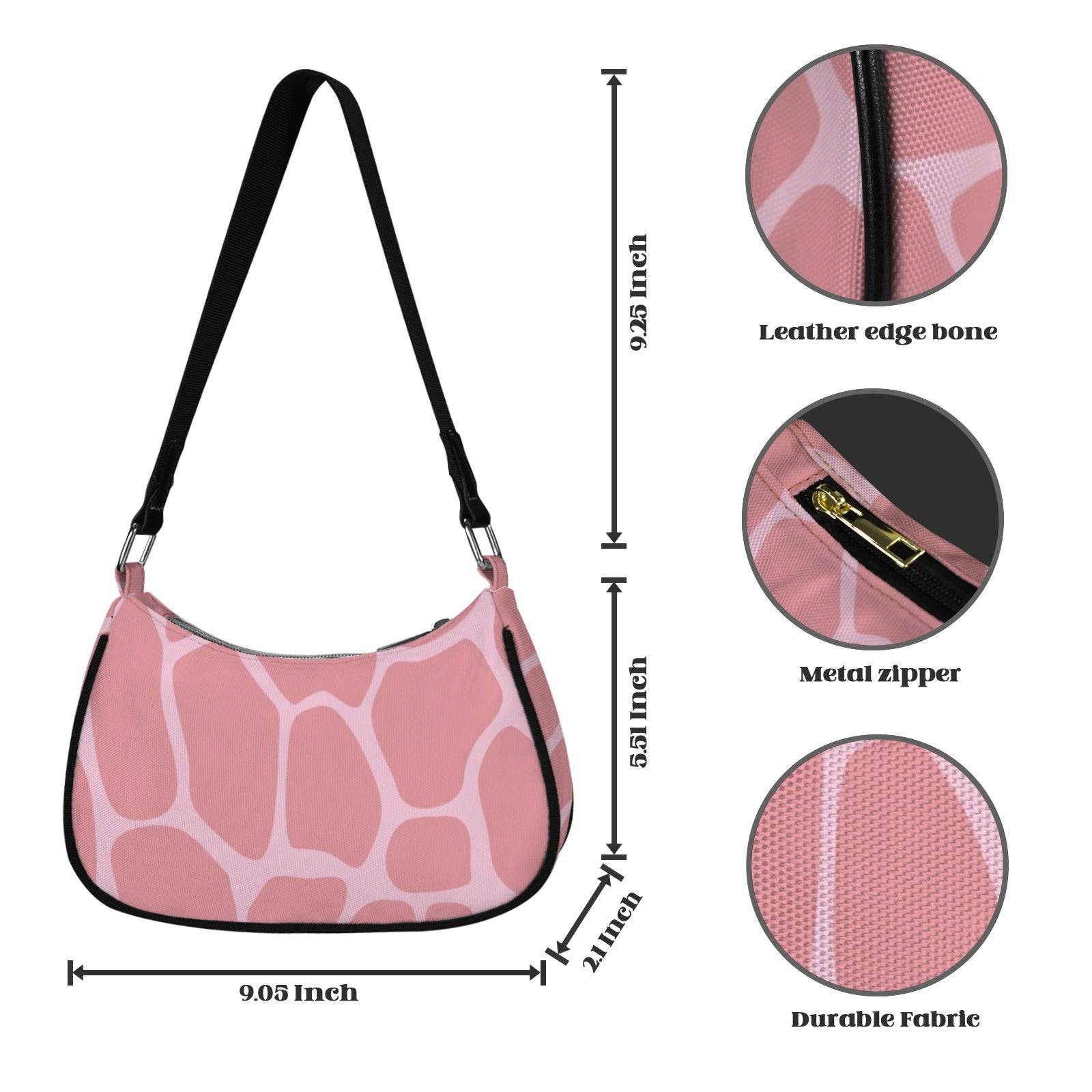 Pink safari-print women's shoulder bag with curved top, black strap and leather edge detailing — product detail