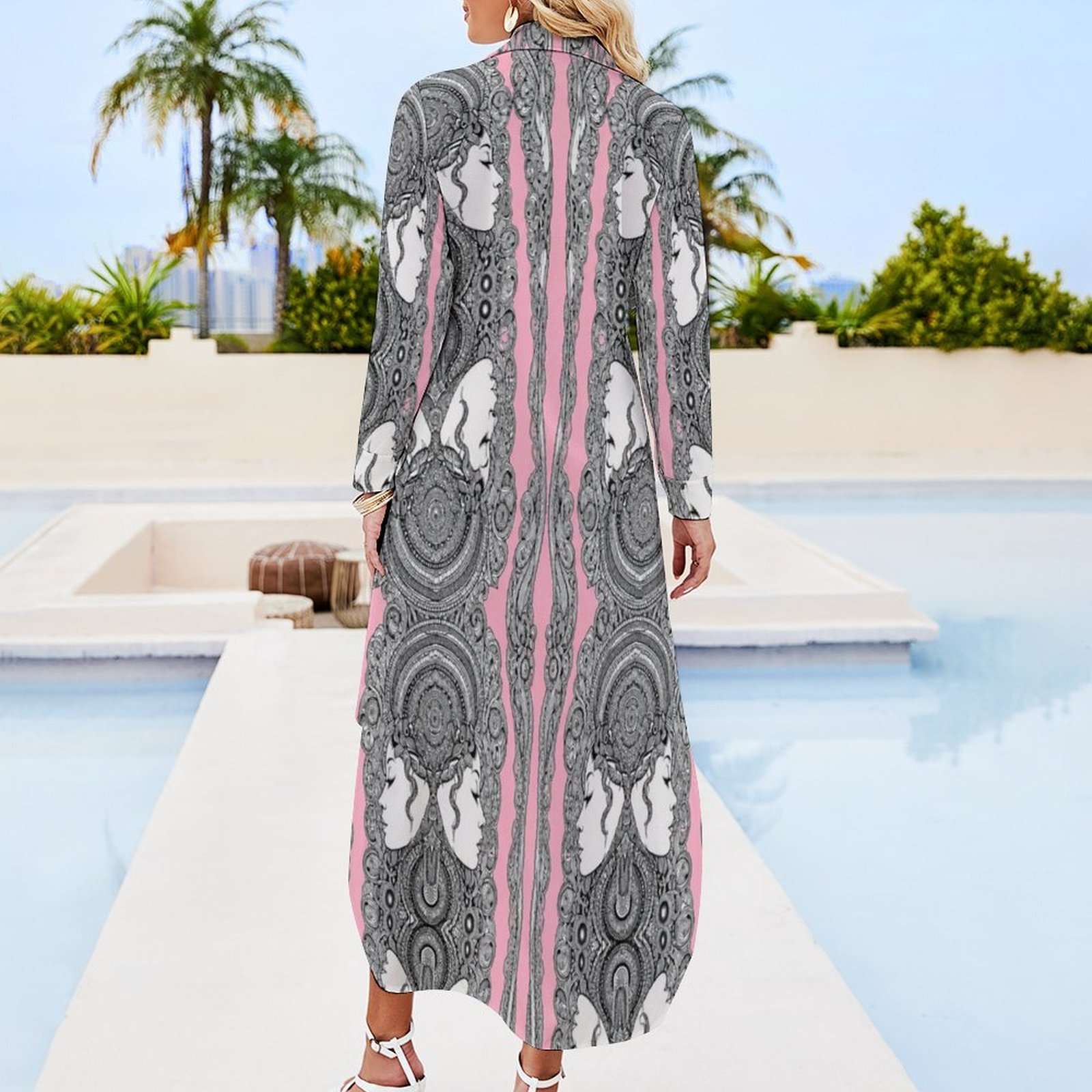 Pink caricature print long-sleeve button-up shirt dress with split hem — alternate view